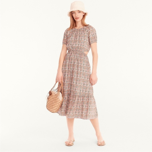 J. Crew Liberty Giorgia Duke Paisley Side Cut Out Puff Sleeve Midi Dress - 6 - Picture 3 of 16